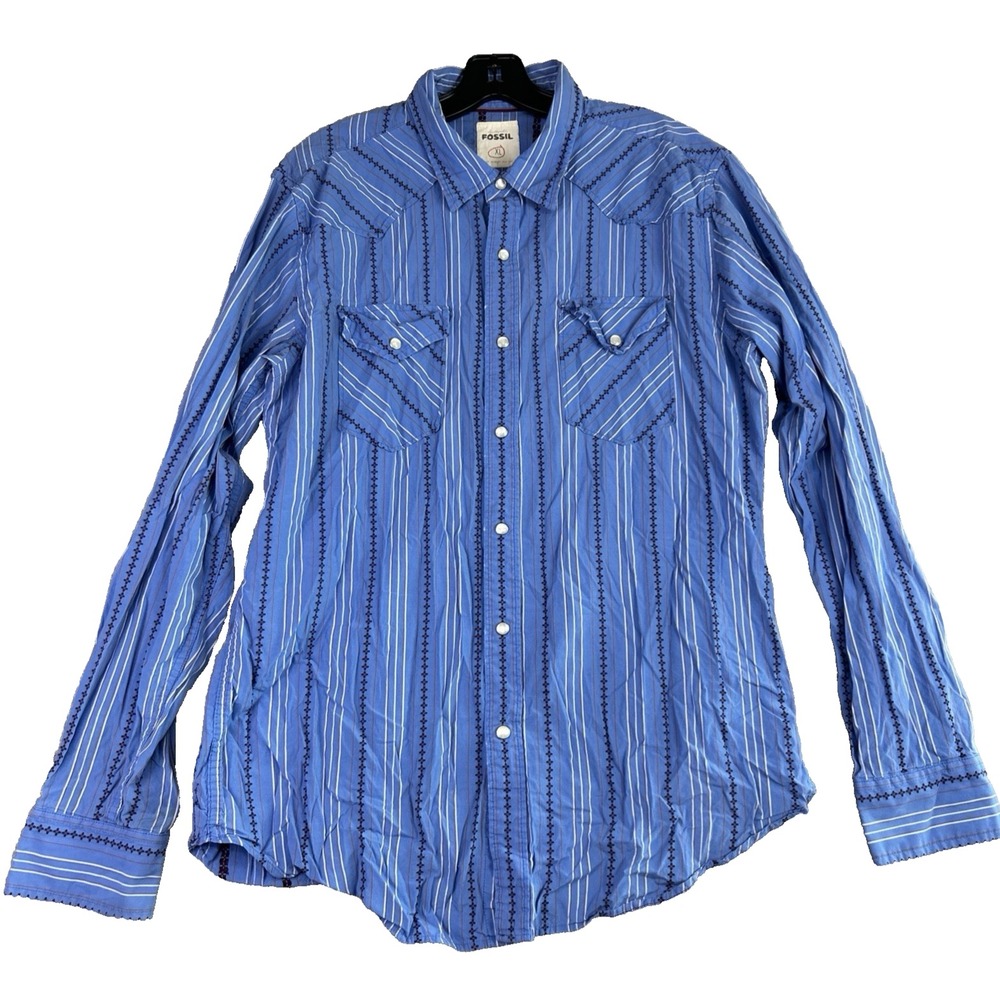 Fossil Vintage Fit Shirt XL Western Blue Brown Button Up Long Sleeve Pearl Snaps